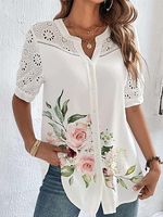 Lace Paneled Printed Short Sleeve Blouses