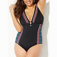 Women's Swimwear One Piece Monokini Swimsuit Tummy Control Open Back Print Floral Black Swimwear Bathing Suits New Casual Vacation  Modern Lightinthebox - thumbnail