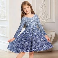 Kids Little Girls' Dress Floral A Line Dress Daily Holiday Vacation Print Blue Above Knee Long Sleeve Casual Cute Sweet Dresses Fall Spring Regular Fit 3-10 Years miniinthebox - thumbnail