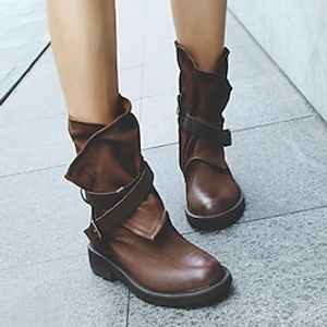 Women's Boots Plus Size Riding Boots Outdoor Daily Mid Calf Boots Buckle Block Heel Chunky Heel Round Toe Vintage Casual Minimalism Faux Leather PU Zipper Solid Color Black Brown miniinthebox