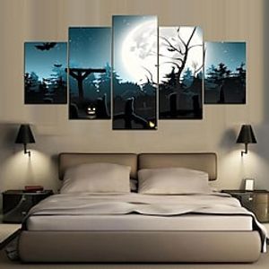 5 Panels Halloween Prints Cemetery Modern Wall Art Wall Hanging Gift Home Decoration Rolled Canvas Unframed Unstretched Painting Core miniinthebox