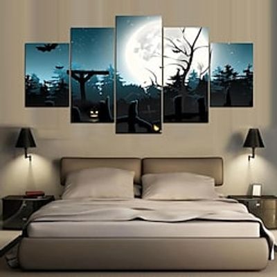 5 Panels Halloween Prints Cemetery Modern Wall Art Wall Hanging Gift Home Decoration Rolled Canvas Unframed Unstretched Painting Core miniinthebox