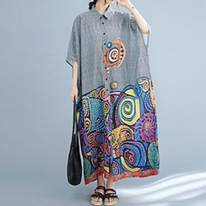 Women's Shirt Dress Maxi long Dress Gray Short Sleeve Floral Button Print Fall Winter Shirt Collar Casual 2022 One-Size miniinthebox