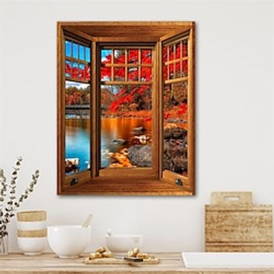 Landscape Wall Art Canvas Wood Bay Window Autumn Scenery - Illusion Poster Prints and Posters Landscape Pictures Decorative Fabric Painting For Living Room Pictures No Frame miniinthebox