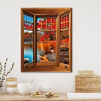 Landscape Wall Art Canvas Wood Bay Window Autumn Scenery - Illusion Poster Prints and Posters Landscape Pictures Decorative Fabric Painting For Living Room Pictures No Frame miniinthebox - thumbnail