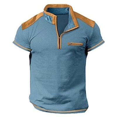 Men's T shirt Tee Waffle Knit Tee Quarter Zip Tee Tee Top Color Block Quarter Zip Street Vacation Short Sleeves Patchwork Clothing Apparel Fashion Designer Basic Lightinthebox