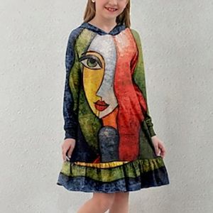 Kids Little Girls' Dress Graphic A Line Dress Daily Holiday Vacation Ruffle Print Rainbow Above Knee Long Sleeve Casual Cute Sweet Dresses Fall Winter Regular Fit 3-12 Years miniinthebox