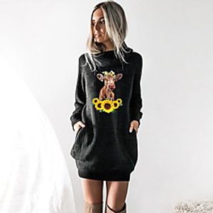 Women's T shirt Dress Floral Graphic Prints Animal Long Sleeve Cowl Neck Tops Black Wine Camel miniinthebox