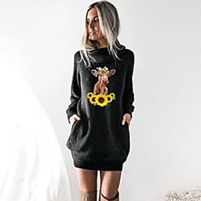 Women's T shirt Dress Floral Graphic Prints Animal Long Sleeve Cowl Neck Tops Black Wine Camel miniinthebox