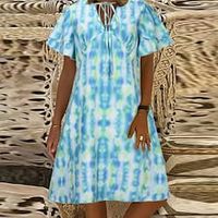 Women's A Line Dress Knee Length Dress White Blue Short Sleeve Floral Tie Dye Print Spring Summer V Neck Casual Modern 2022 S M L XL XXL miniinthebox - thumbnail