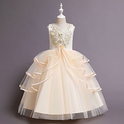 Kids Girls' Dress Party Dress Flower Sleeveless Performance Christening dress Embroidered Elegant Princess Polyester Midi Party Dress Summer Spring 4-12 Years Champagne Green Lightinthebox