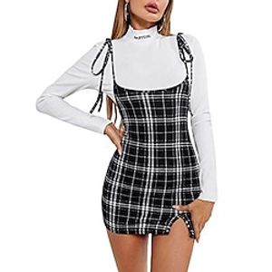 women's sleeveless self tie split hem plaid bodycon cami suspender dress overall mini dress (a black, m) Lightinthebox
