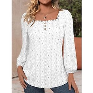 Women's Shirt Blouse Eyelet top Cotton Plain Casual White Patchwork Button Long Sleeve Elegant Fashion Modern Square Neck Regular Fit Spring Lightinthebox