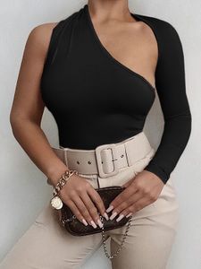 Asymmetrical Neck Solid Sexy Bodysuit