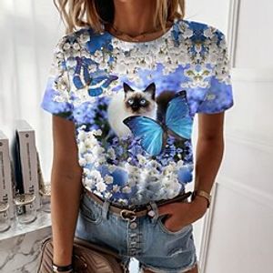 Women's T shirt Tee Pink Blue Green Floral Cat Print Short Sleeve Casual Holiday Basic Round Neck Regular Floral 3D Cat Painting S miniinthebox