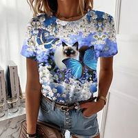 Women's T shirt Tee Pink Blue Green Floral Cat Print Short Sleeve Casual Holiday Basic Round Neck Regular Floral 3D Cat Painting S miniinthebox - thumbnail