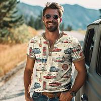 Carefree Interlude X Joshua Jo Men's Vintage Car 3D Printed Vacation Short Sleeve Button Henley Shirt Tee Lightinthebox