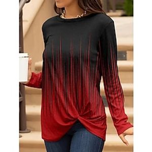 Women's T shirt Tee Color Gradient Red Blue Print Long Sleeve Daily Weekend Fashion Round Neck Regular Fit Spring   Fall Lightinthebox