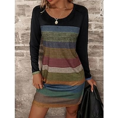 Women's Casual Dress Winter Dress T Shirt Dress Tee Dress Stripe Print V Neck Mini Dress Ugly Fashion Outdoor Daily Long Sleeve Loose Fit Blue Purple Green Fall Winter S M L XL XXL Lightinthebox