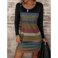 Women's Casual Dress Winter Dress T Shirt Dress Tee Dress Stripe Print V Neck Mini Dress Ugly Fashion Outdoor Daily Long Sleeve Loose Fit Blue Purple Green Fall Winter S M L XL XXL Lightinthebox - thumbnail