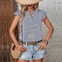 Women's Shirt Blouse Striped Daily Ruffle Print Red Short Sleeve Casual V Neck Summer Lightinthebox - thumbnail