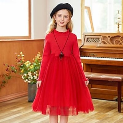 Kids Girls' Sweater Dress Solid Color Long Sleeve School Outdoor Lace Daily Polyester Midi Sweater Dress Fall Winter 3-12 Years Black Red Lightinthebox