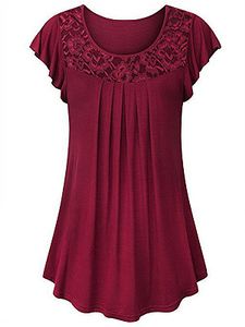 Round Neck Patchwork Lace Short Sleeve T-shirt