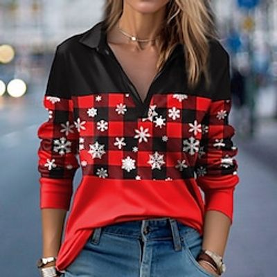 Women's T shirt Tee Christmas Shirt Red Blue Purple Plaid Snowflake Print Long Sleeve Christmas Weekend Festival / Holiday Shirt Collar Regular Fit Painting Spring   Fall miniinthebox