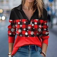 Women's T shirt Tee Christmas Shirt Red Blue Purple Plaid Snowflake Print Long Sleeve Christmas Weekend Festival / Holiday Shirt Collar Regular Fit Painting Spring   Fall miniinthebox - thumbnail