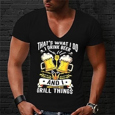 Men's Unisex T shirt Hot Stamping Graphic Prints Beer Letter V Neck Street Daily Print Short Sleeve Tops Casual Designer Big and Tall Sports Blue Black Red Lightinthebox