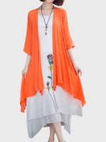 Casual Women Printed Sleeveless Dress Solid Cardigan Two-Piece Dress