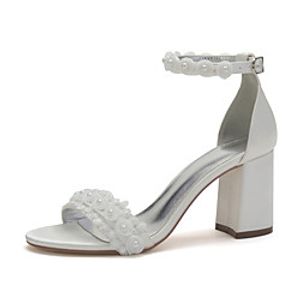 Women's Wedding Shoes Chunky Heel Open Toe Wedding Satin Imitation Pearl Flower Solid Colored Ivory miniinthebox