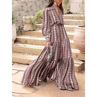 Women's Casual Dress Swing Dress Geometric Color Block Print Split Neck Long Dress Maxi Dress Streetwear Maxi Street Holiday Long Sleeve Loose Fit Khaki Summer S M L XL Lightinthebox