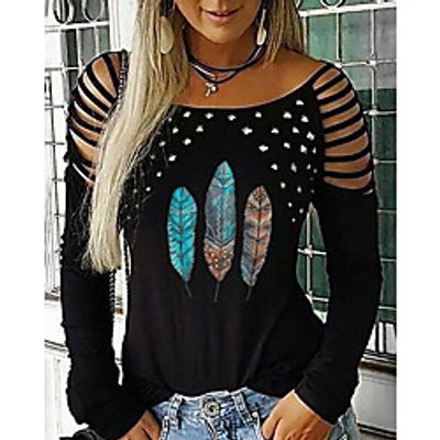 Women's Painting T shirt Feather Cut Out Print Round Neck Basic Tops Blue Black Purple Lightinthebox