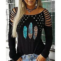 Women's Painting T shirt Feather Cut Out Print Round Neck Basic Tops Blue Black Purple Lightinthebox - thumbnail