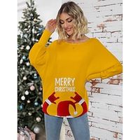 Women's Pullover Sweater Jumper Crew Neck Ribbed Knit Print Fall Winter Regular Christmas Stylish Soft Long Sleeve Letter Santa Claus Yellow Red S M L Lightinthebox - thumbnail
