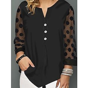 Women's Plus Size Tops Blouse Shirt Polka Dot Mesh Button Long Sleeve V Neck Festival Daily Vacation Polyester Spring Summer Black Lightinthebox