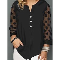 Women's Plus Size Tops Blouse Shirt Polka Dot Mesh Button Long Sleeve V Neck Festival Daily Vacation Polyester Spring Summer Black Lightinthebox - thumbnail