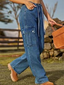 Women's Denim Drawstring Adjustable Washed Cargo Pants Casual Pants