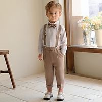 4 Pieces Kids Boys Ring Bearer Outfits Shirt  Pants Formal Clothing Outfits Solid Color Long Sleeve Set Party Fashion Cool Party Spring Fall 7-13 Years Khaki Lightinthebox - thumbnail