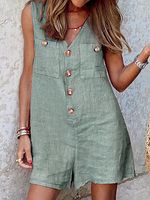 Cotton And Linen V-Neck Button Jumpsuit