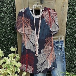 Women's Plus Size Tops Blouse Leaf Print Short Sleeve Round Neck Streetwear Festival Daily Sports Polyester Spring Summer Green Blue Lightinthebox