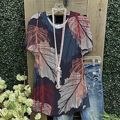 Women's Plus Size Tops Blouse Leaf Print Short Sleeve Round Neck Streetwear Festival Daily Sports Polyester Spring Summer Green Blue Lightinthebox