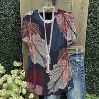 Women's Plus Size Tops Blouse Leaf Print Short Sleeve Round Neck Streetwear Festival Daily Sports Polyester Spring Summer Green Blue Lightinthebox - thumbnail