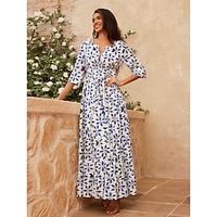 Women's Sundress Floral Dress Summer Dress Long Dress Maxi Dress Blue 34 Length Sleeve Geometric Pattern Snowflake Moroccan Front Tie Printing Loose Spring  Summer Notched Ethnic  Interracial Lightinthebox