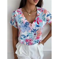 Blouse Women's Pink / White Black White Floral Print Print Daily Elegant V Neck Regular Fit S Lightinthebox