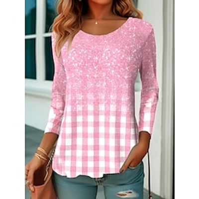 Women's T shirt Tee Pink Blue Green Plaid Print Long Sleeve Daily Weekend Fashion Round Neck Regular Fit Painting Spring   Fall miniinthebox