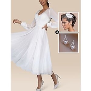 Beach Little White Dresses Wedding Dresses A-Line V Neck Long Sleeve Tea Length Chiffon Bridal Gowns With Solid Color 2023  A Pair of earrings and 1 Headpiece Lightinthebox