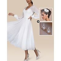 Beach Little White Dresses Wedding Dresses A-Line V Neck Long Sleeve Tea Length Chiffon Bridal Gowns With Solid Color 2023  A Pair of earrings and 1 Headpiece Lightinthebox - thumbnail