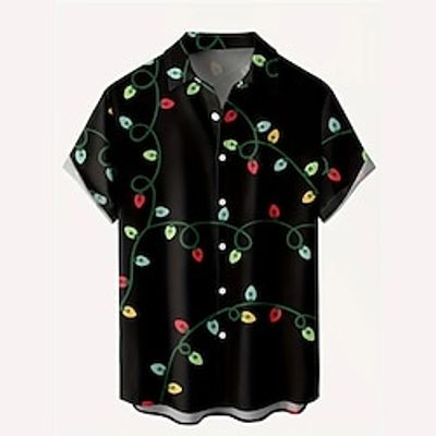 Lanterns Casual Men's Shirt Daily Wear Going out Weekend Autumn  Fall Turndown Short Sleeves Black S, M, L 4-Way Stretch Fabric Shirt Christmas Lightinthebox